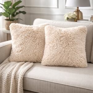 Set of 2 Soft Faux Fur Shaggy Pillow Covers (Set of 2) – Beige 17.5" Zip Closure